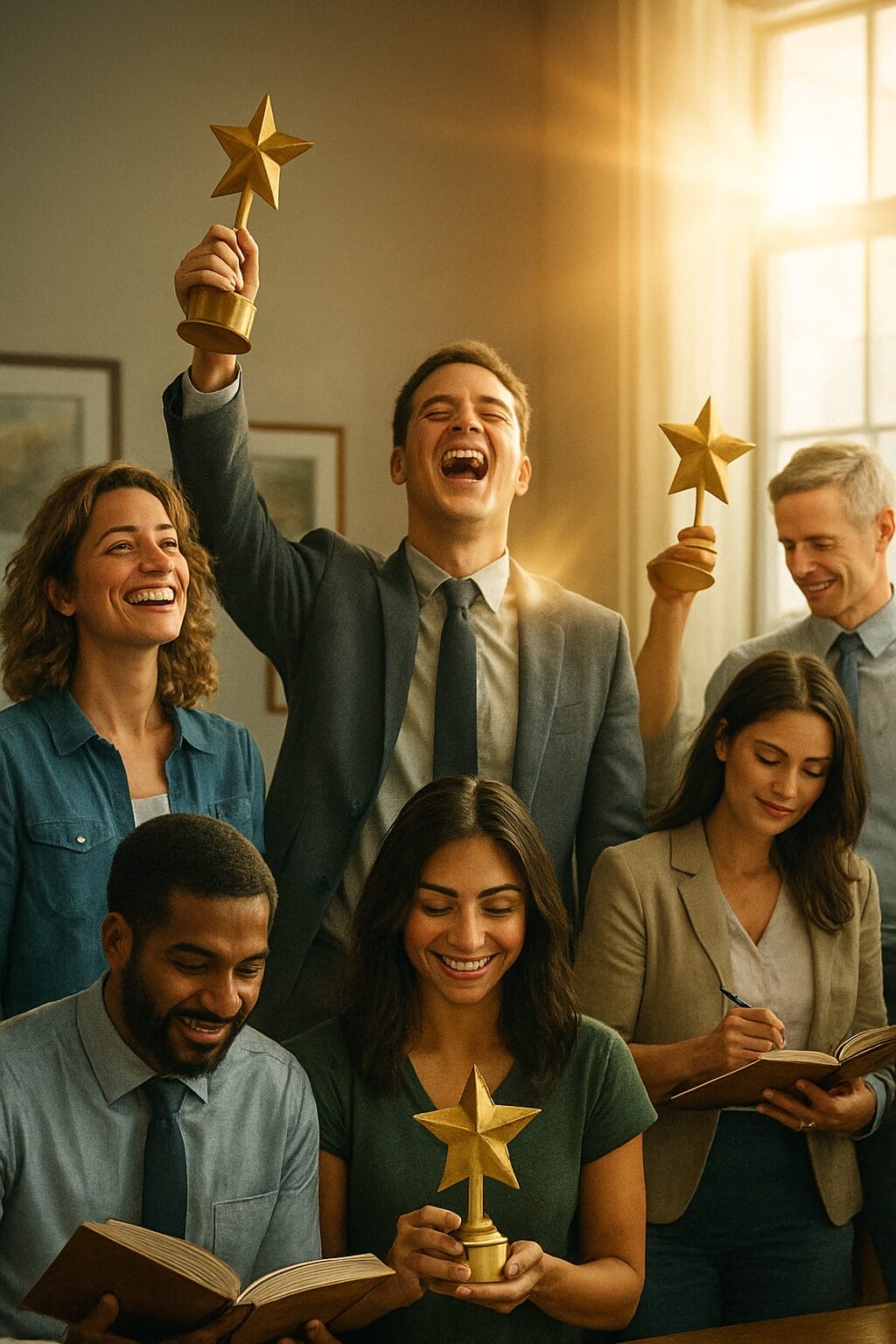 Group of diverse professionals holding up symbolic gold stars in recognition