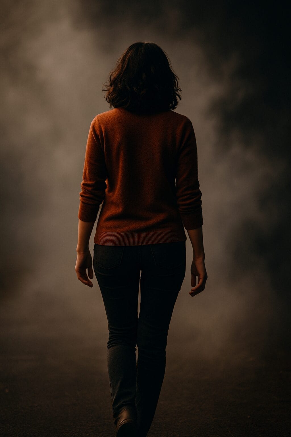 Woman in a rust sweater walking away into a foggy background, symbolizing release from confusion and emotional entanglement