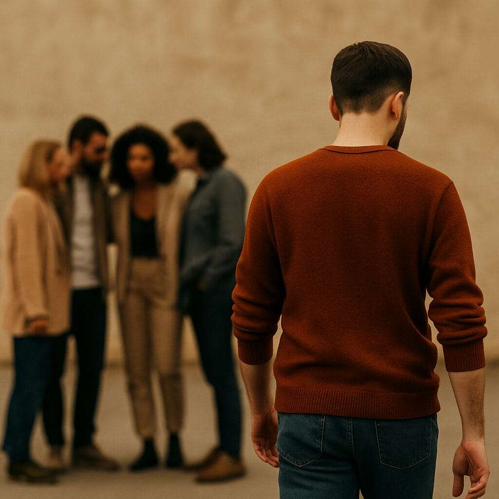 Man in a rust sweater walking away from a group of people, symbolizing the decision to set boundaries and step away from manipulative dynamics