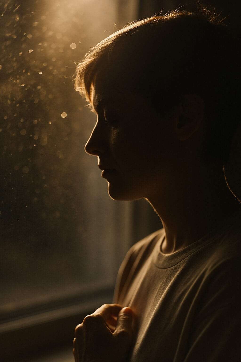 Person with eyes closed in warm sunlight surrounded by floating dust particles, conveying quiet self-awareness and emotional stillness
