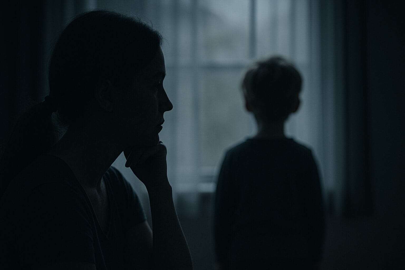 A woman stares through a window in dim light while a child stands in the background, symbolizing emotional disconnection