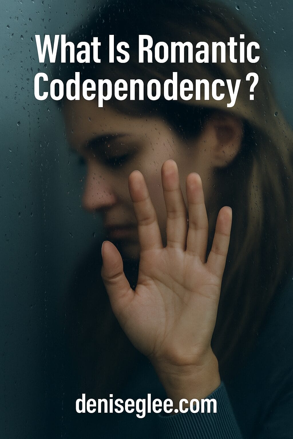 A woman stands behind a rain-streaked window with her hand pressed against the glass, her face blurred in emotional distress. Text at the top reads “What Is Romantic Codependency?” and “deniseglee.com” is written at the bottom.