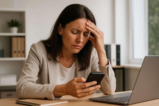 A professional woman sitting at a desk with her head in her hand, looking overwhelmed—symbolizing the hidden emotional toll trauma takes on leadership.