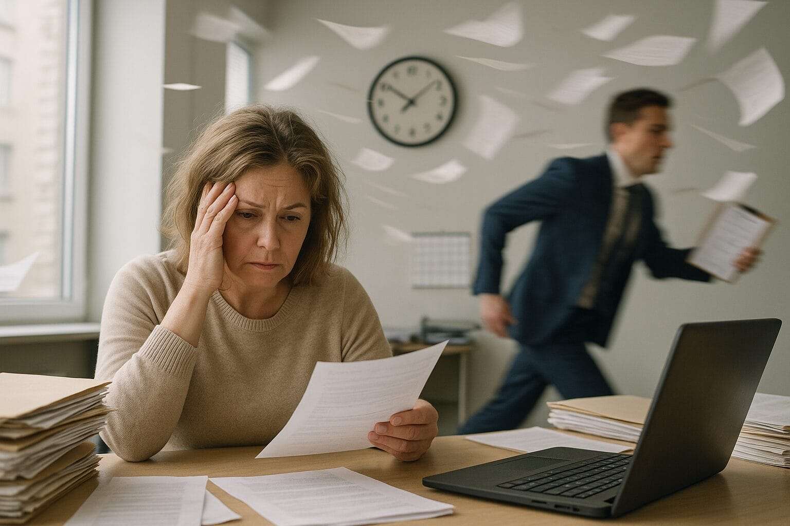 Frazzled woman reviewing documents at cluttered desk as coworker rushes past in chaotic office