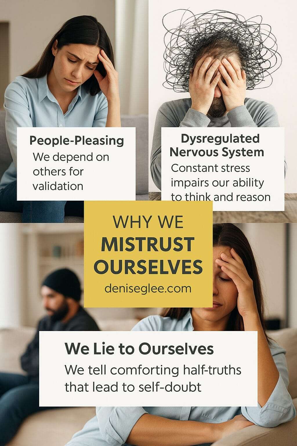 A four-panel infographic showing three reasons for self-doubt: people-pleasing, a dysregulated nervous system, and self-deception. Each panel includes a relevant photo and text, with “Why We Mistrust Ourselves” and deniseglee.com centered in a yellow box.