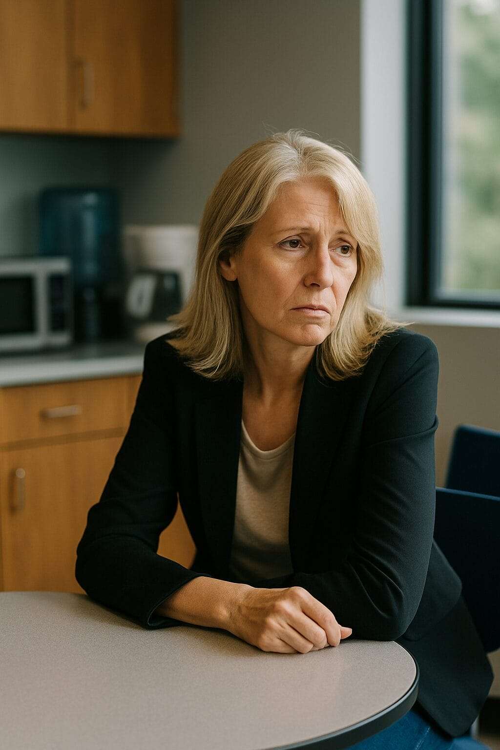 A white woman in her early 50s sits alone in a breakroom, wearing a blazer and looking pensive as she rests her arms on the table, with a distant gaze and soft natural light