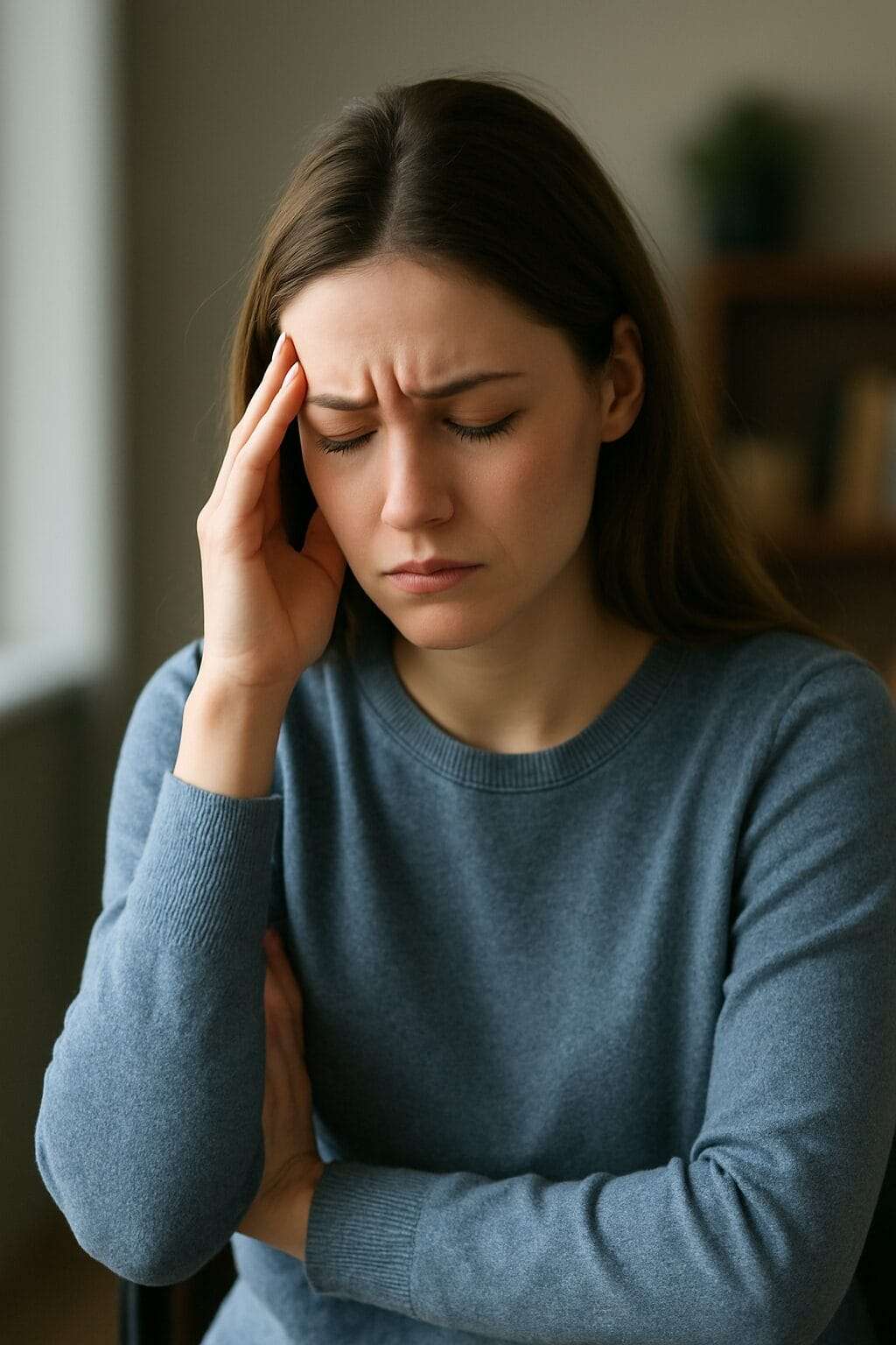 A woman sitting at a desk, appearing lost in thought, reflecting on her inner emotions