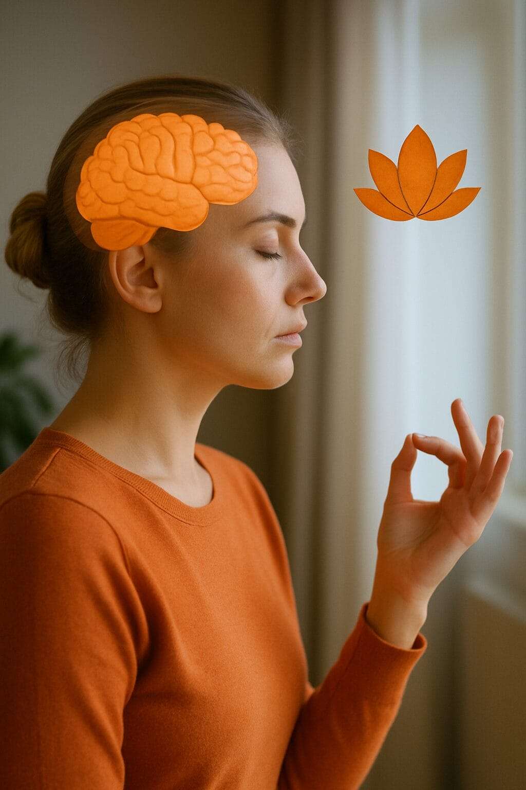 A woman sitting quietly in profile, deep in thought, surrounded by soft natural light