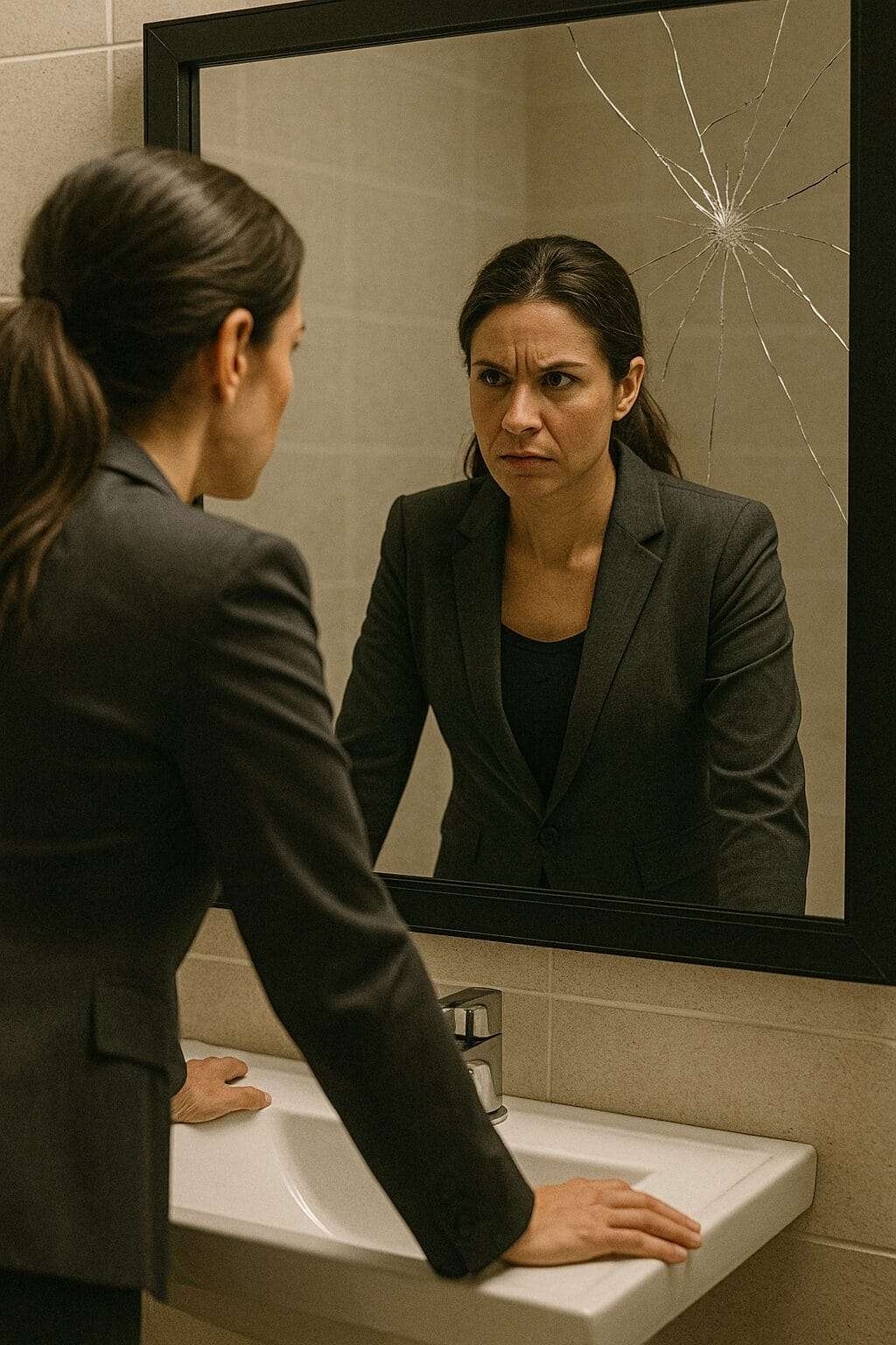 Woman in blazer looking into cracked mirror, symbolizing the emotional toll of survival-mode leadership