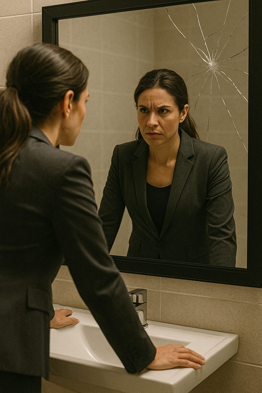 Woman in blazer looking into cracked mirror, symbolizing the emotional toll of survival-mode leadership