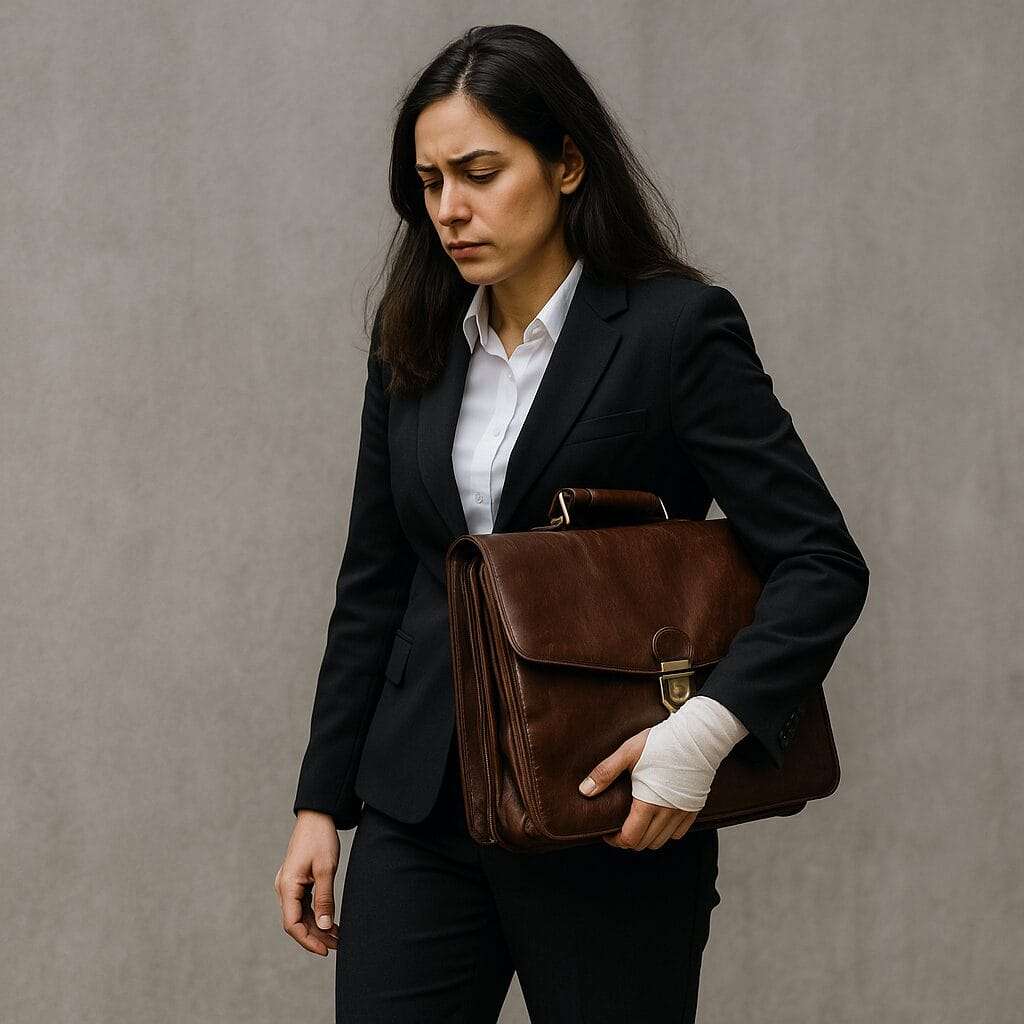 A tired professional woman in a black suit carries an overstuffed briefcase with a bandaged hand, symbolizing the hidden toll of over-delivering.