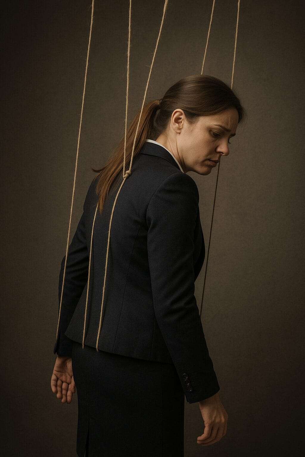 A weary woman in a business suit with strings attached to her back, evoking the feeling of being emotionally and professionally manipulated.