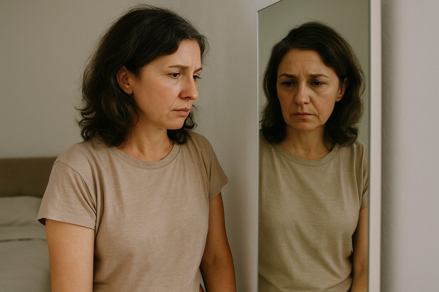 Middle-aged woman gazing at her reflection in a mirror, appearing pensive and emotionally reflective in a softly lit room