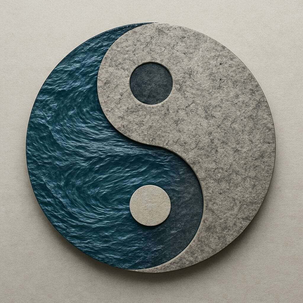 Yin and yang symbol with water and stone textures representing balanced feminine and masculine energy