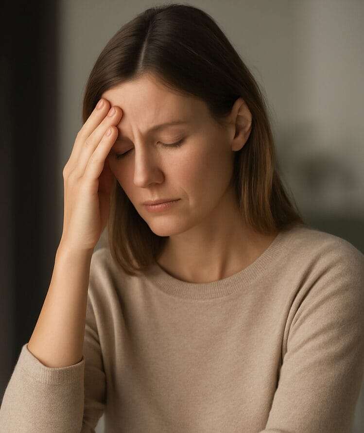Woman in a beige sweater looking down with a hand on her forehead, reflecting emotional numbness and distance