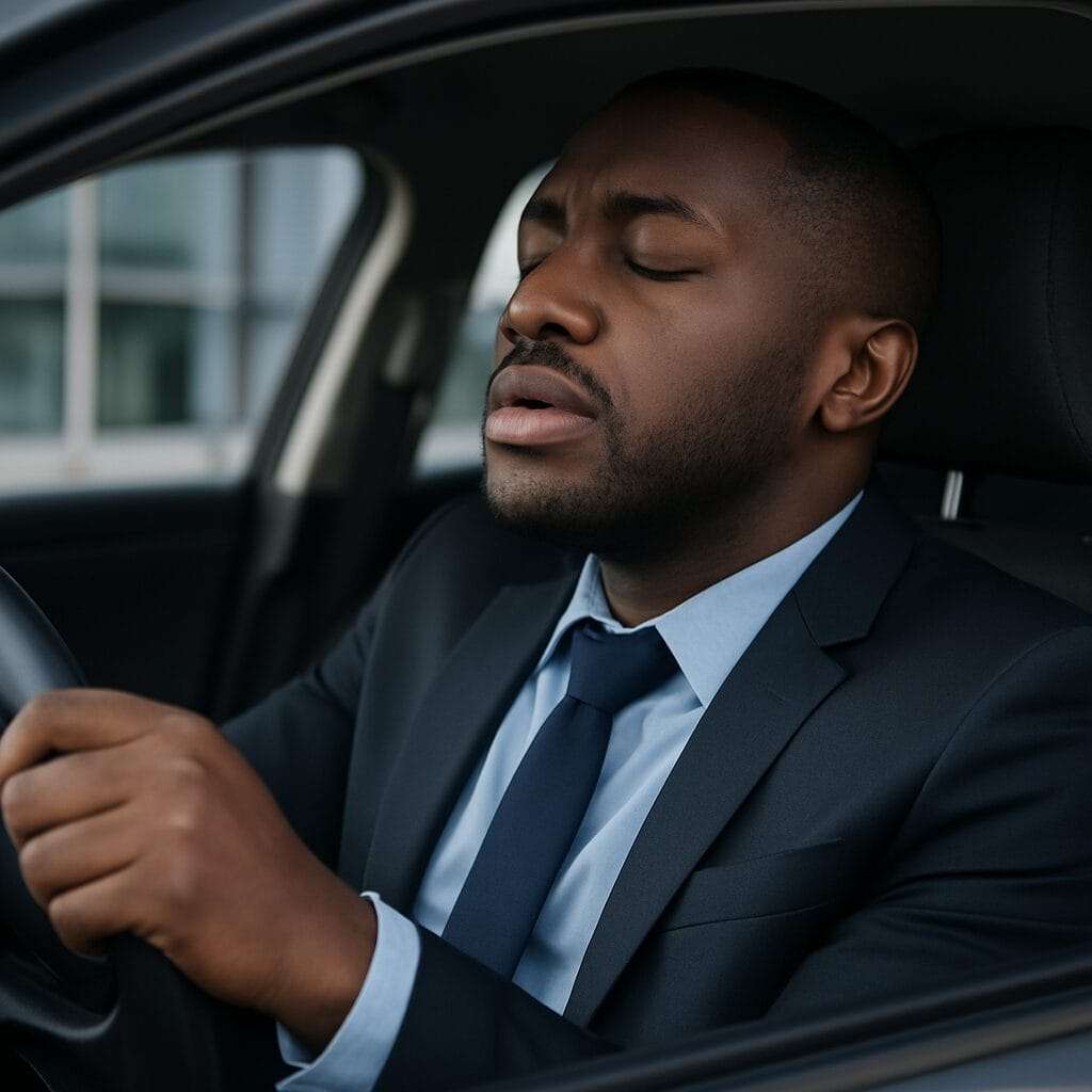 A late-30s Black man sitting in his parked car outside an office building. He’s in business attire, tie loosened, hand resting on the steering wheel. He’s not crying—but his eyes are closed, head tilted slightly back against the seat. There’s a visible pause. The kind of pause that comes after holding it together too long.
