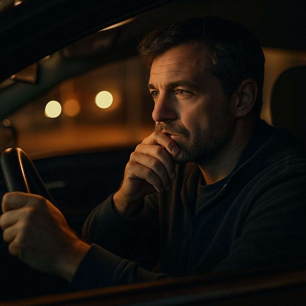 A man sitting alone in his car at night. The interior is dimly lit by streetlights or dashboard glow. His face is thoughtful, maybe both hands on the wheel or one resting on his chin.