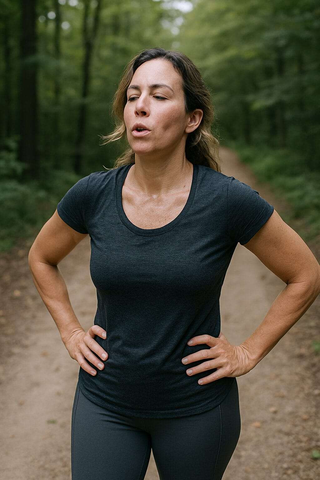 A mid-40s woman (White or ethnically ambiguous) walking outside on a wooded trail in workout clothes. She’s exhaling visibly—hands on her hips, not staged, just real. She’s not “there” yet, but she’s clearly in motion.