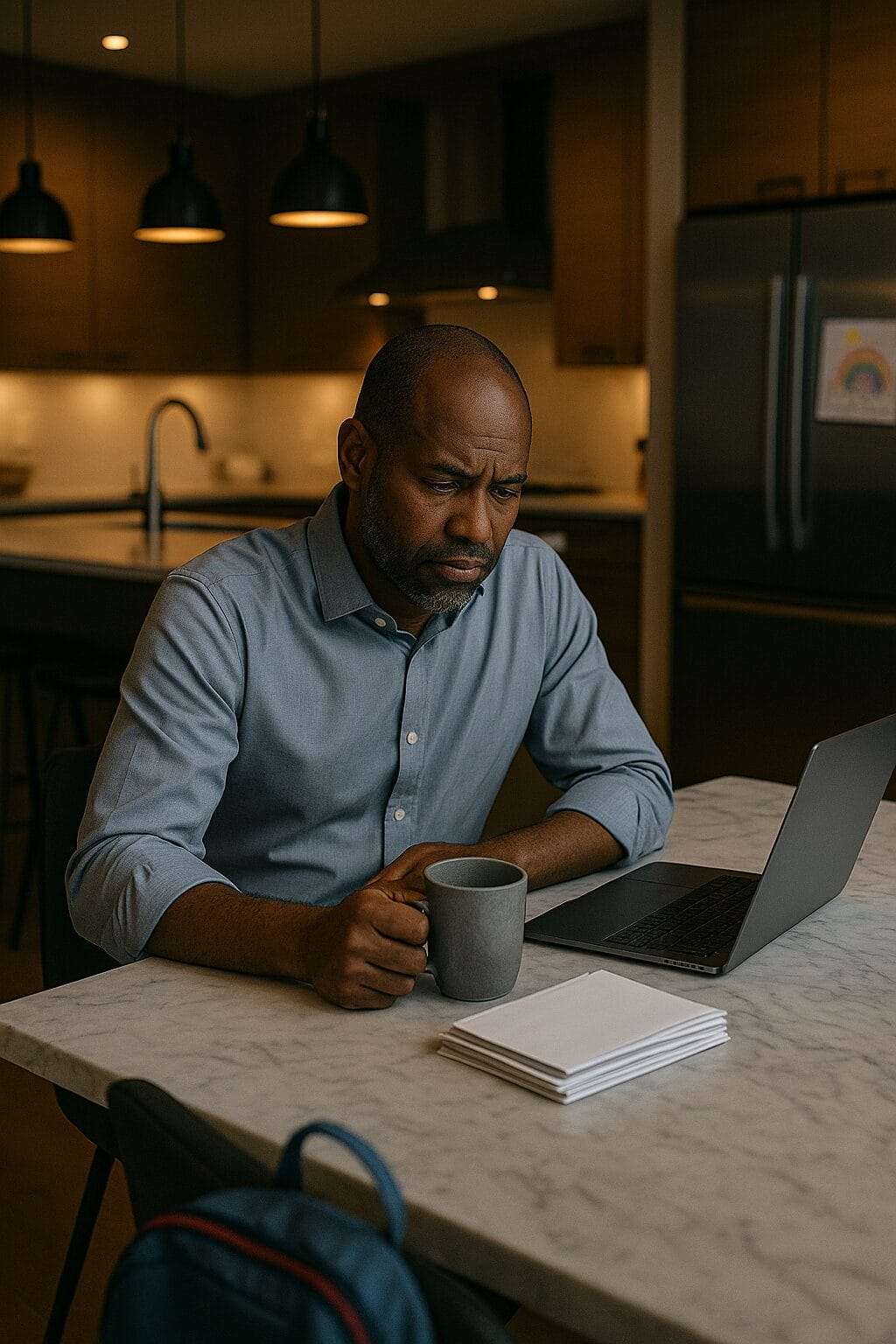 Black man in his 40s sits alone at a luxury kitchen table at dawn, wrestling with hidden stress behind a polished life.