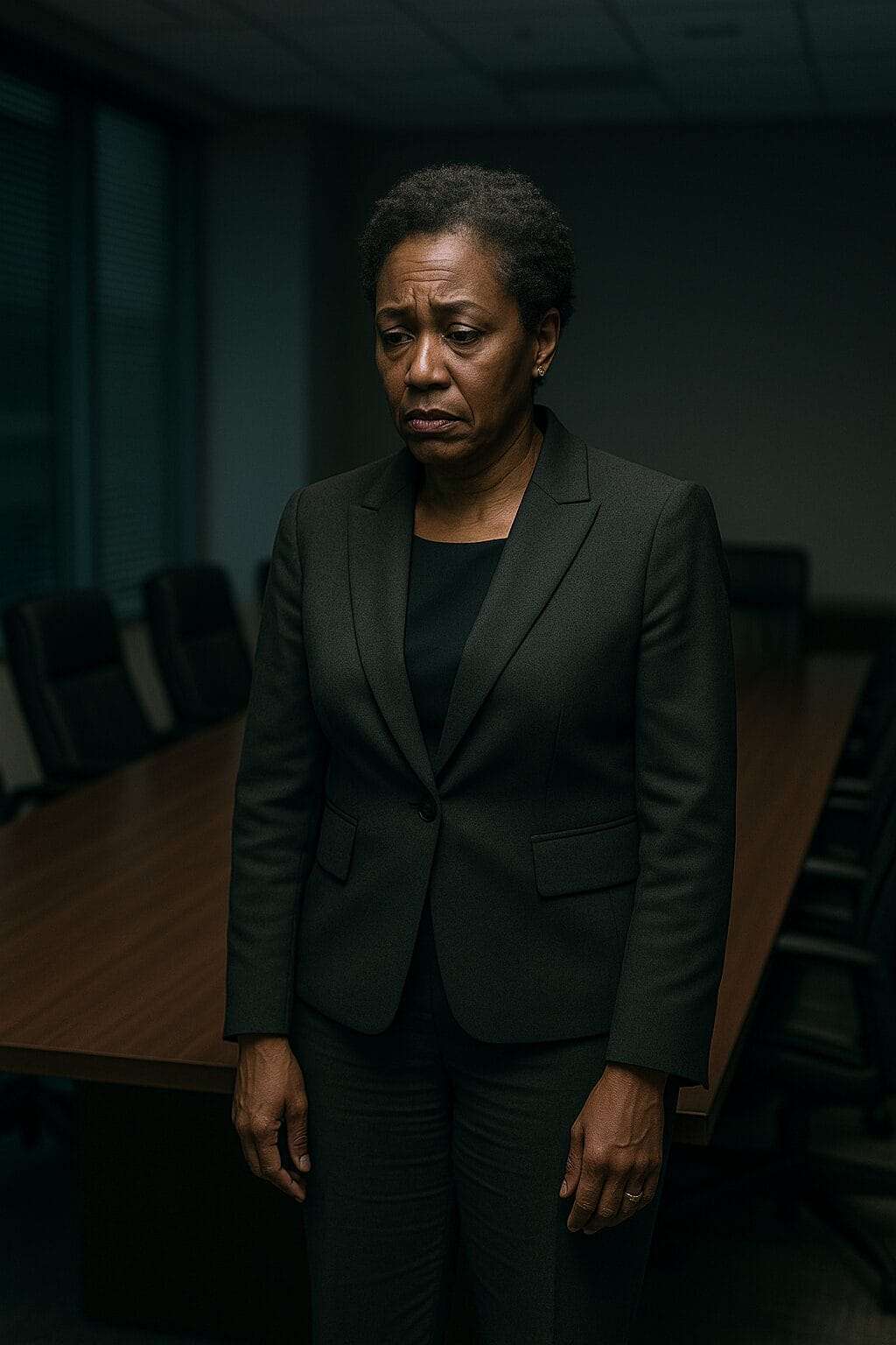 Exhausted CEO alone in empty boardroom at night, suit loosened, facing silent burnout behind success.