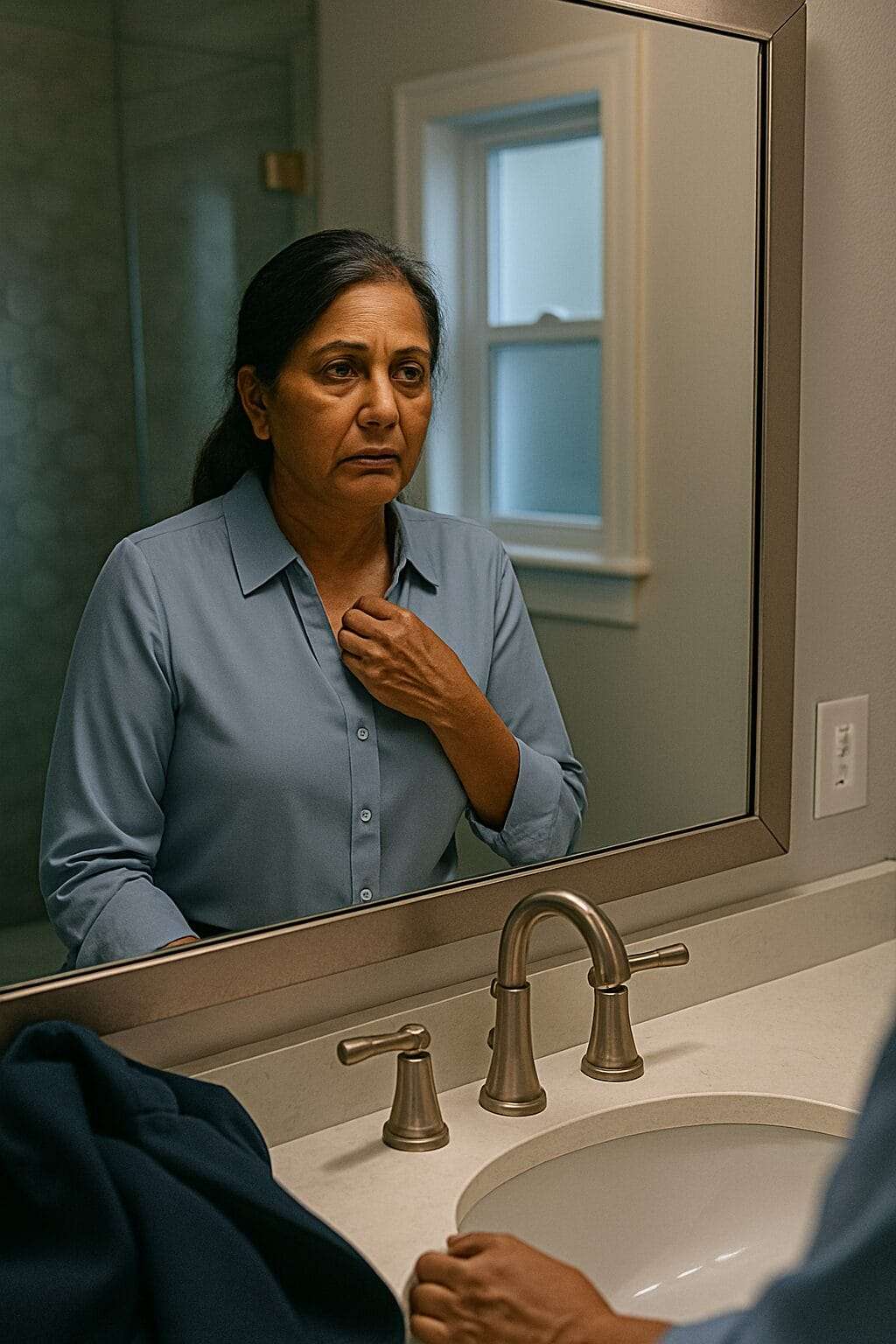Indian woman in her late 50s stands alone at a mirror, blazer removed, facing her hidden truth in a quiet moment of reckoning.