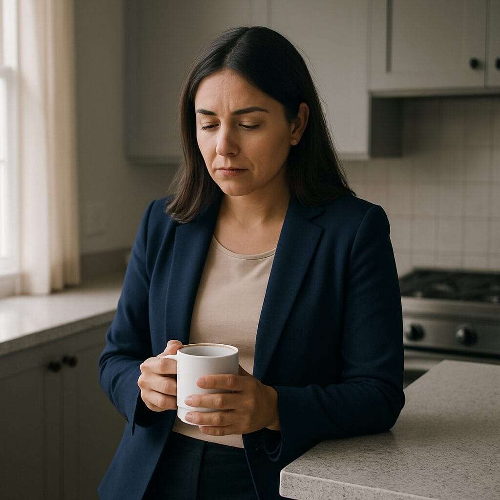 A woman (Latina early 40s) stands in a kitchen alone with a coffee mug. She’s dressed for work—polished—but she’s leaning slightly on the counter, eyes cast downward, clearly deep in thought.
