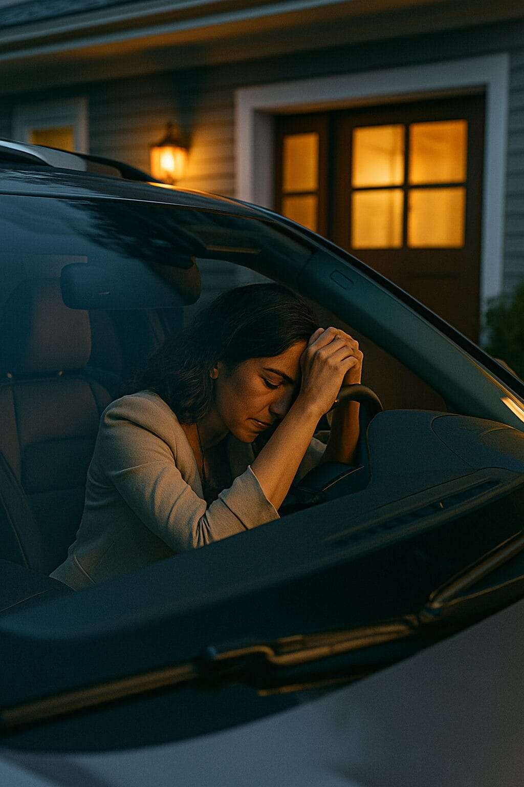 Latina woman in her 40s sits alone in her parked luxury car at dusk, leaning on the steering wheel, bracing herself before going back inside.