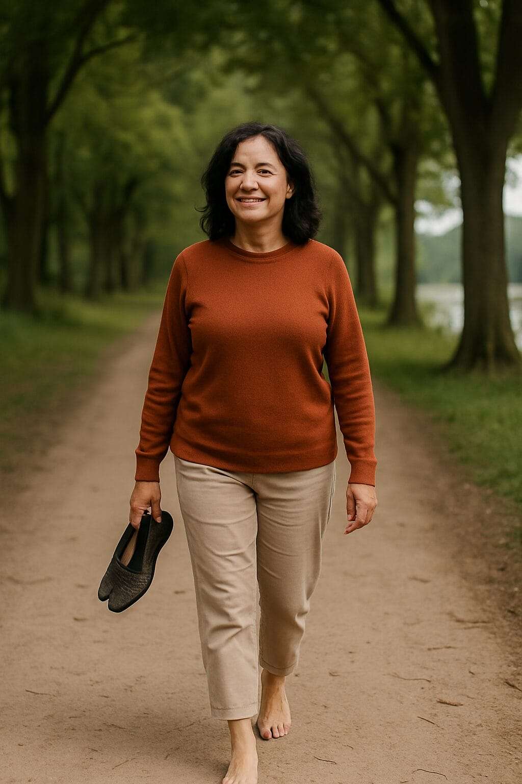 A serene middle-aged Latina woman walks barefoot on a dirt trail surrounded by trees, holding her shoes and smiling gently, evoking groundedness and quiet spiritual freedom.