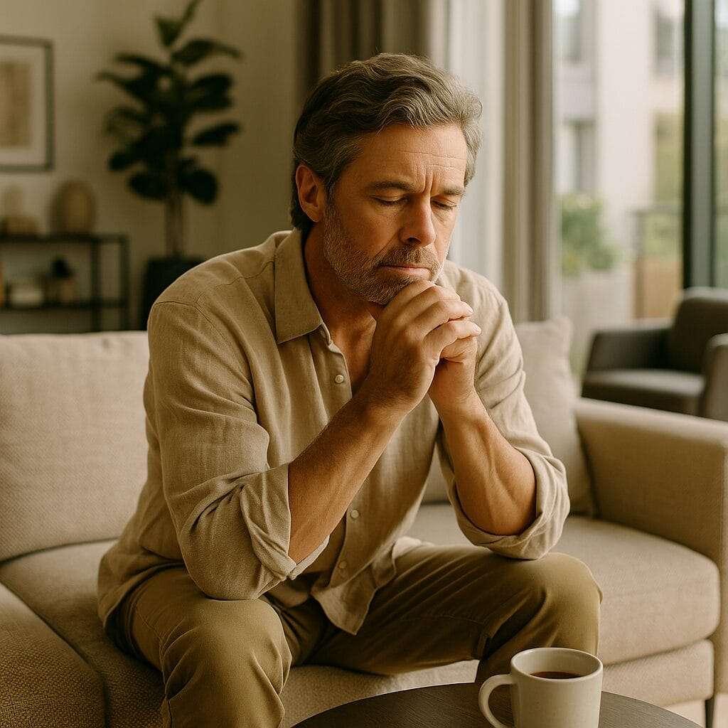 A white/Asian man in his mid-50s sits quietly in a modern luxury living room with soft morning light. A coffee mug rests nearby as he gazes out the window, deep in thought, reflecting on his path and spiritual healing.