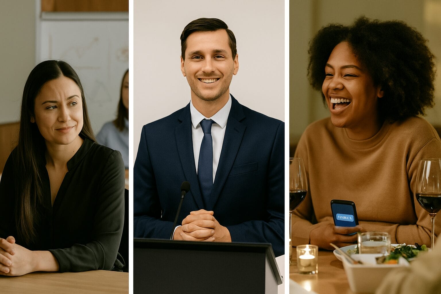 A triptych-style image showing three adults: one pretending to agree in a meeting, one smiling on stage while gripping the podium, and one laughing at dinner while secretly texting under the table.