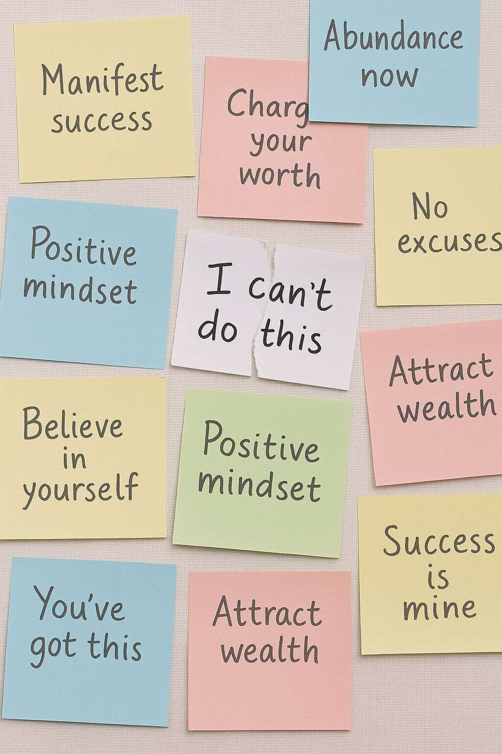 Sticky notes with motivational quotes like 'Manifest success' and 'Abundance now' surrounding a torn note that reads 'I can't do this'