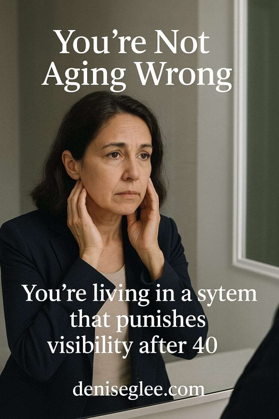Woman in her 40s or 50s looking thoughtfully into a mirror, representing the emotional tension of aging and professional visibility
