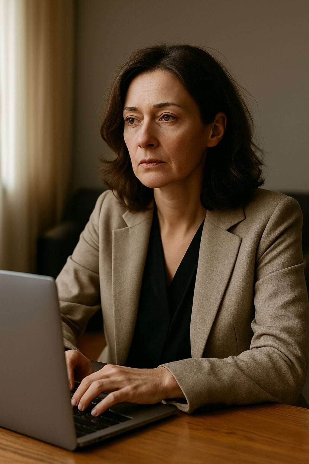 A woman in her 40s sits at a desk working on a laptop, dressed in a beige blazer with a serious and distant expression, capturing the emotional disconnect of someone barely holding it together despite appearing composed.