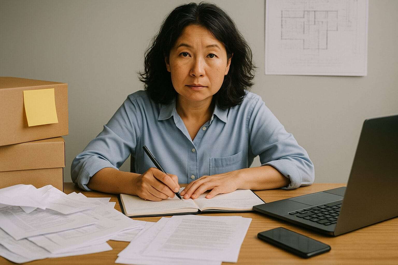 A middle-aged Asian woman sits at a cluttered desk, writing in a notebook with focus and honesty, symbolizing a leader owning her mess while rebuilding structure.