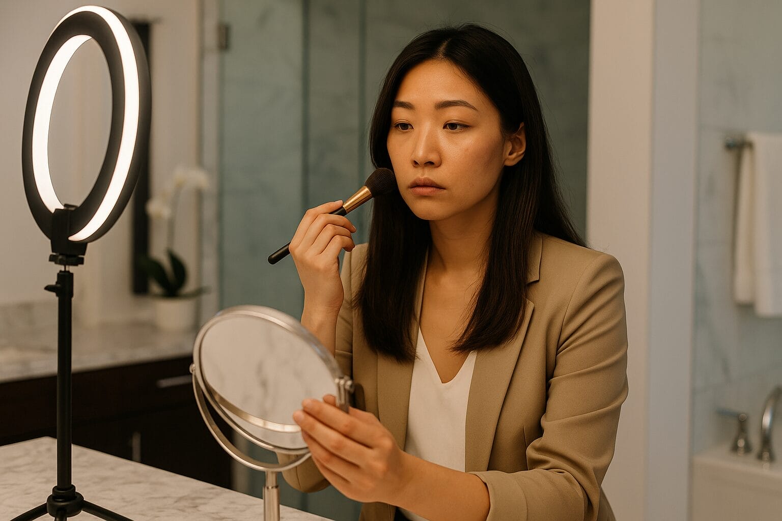 Asian woman in her 30s–40s standing in front of a high-end mirror, halfway through putting on makeup or going live—polished outside, emotionally off inside.