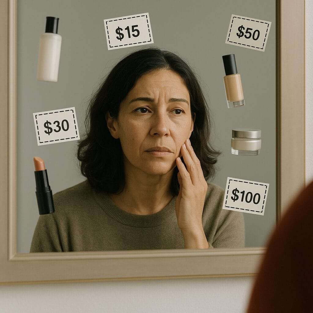A middle-aged woman looks into a mirror surrounded by floating beauty products and price tags, symbolizing the emotional weight of aesthetic pressure