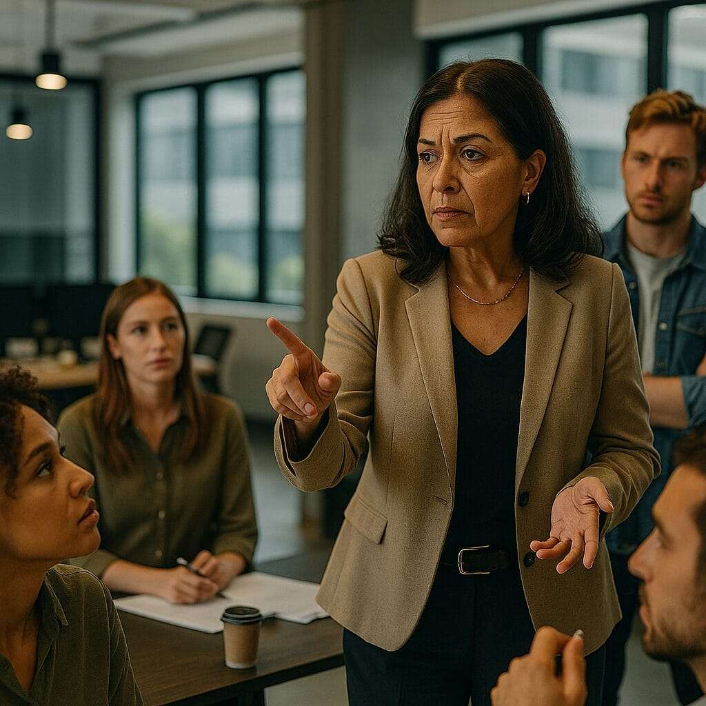 Latina woman in her late 40s standing in a modern office, pointing and giving instructions to younger team members