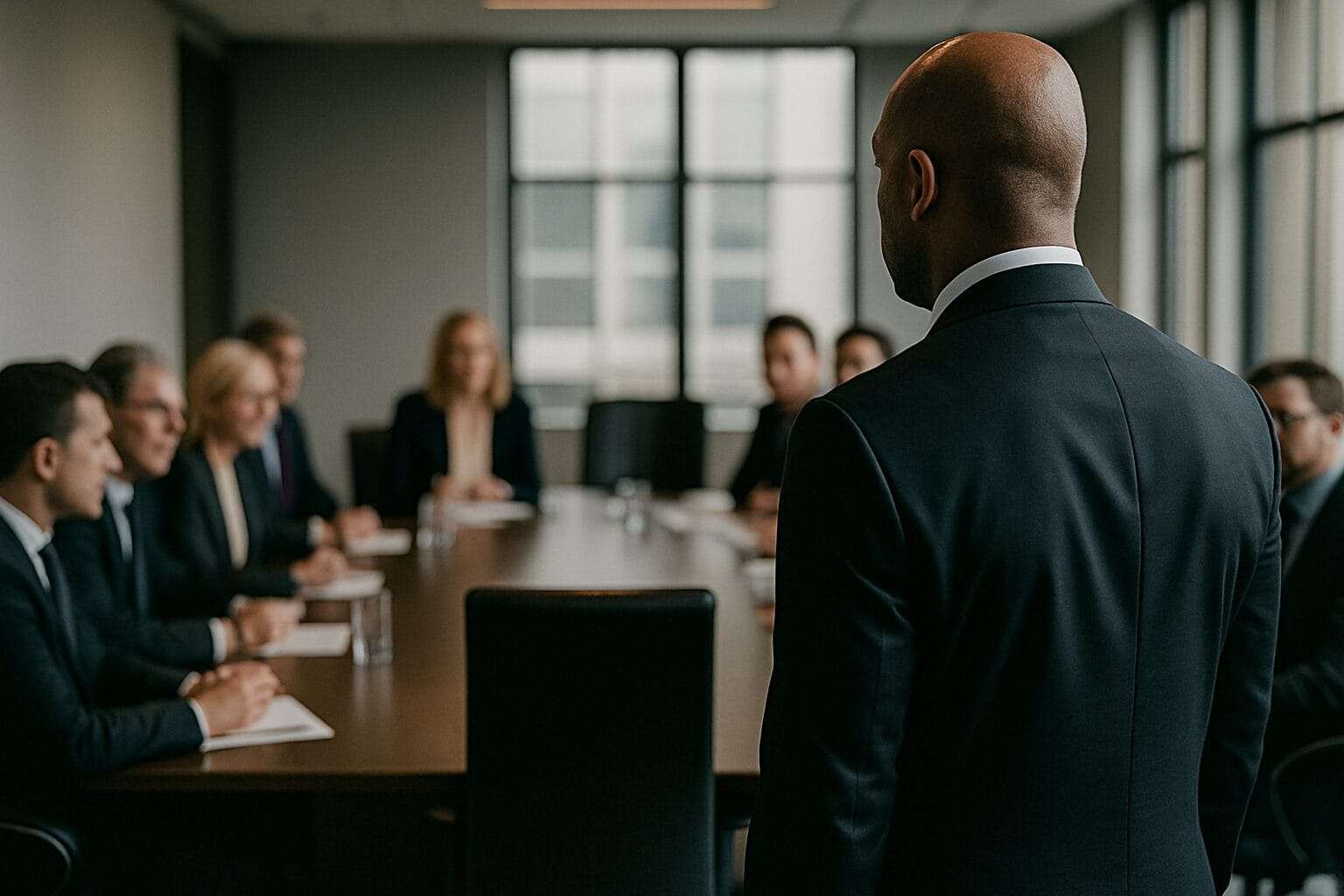 black man facing boardroom