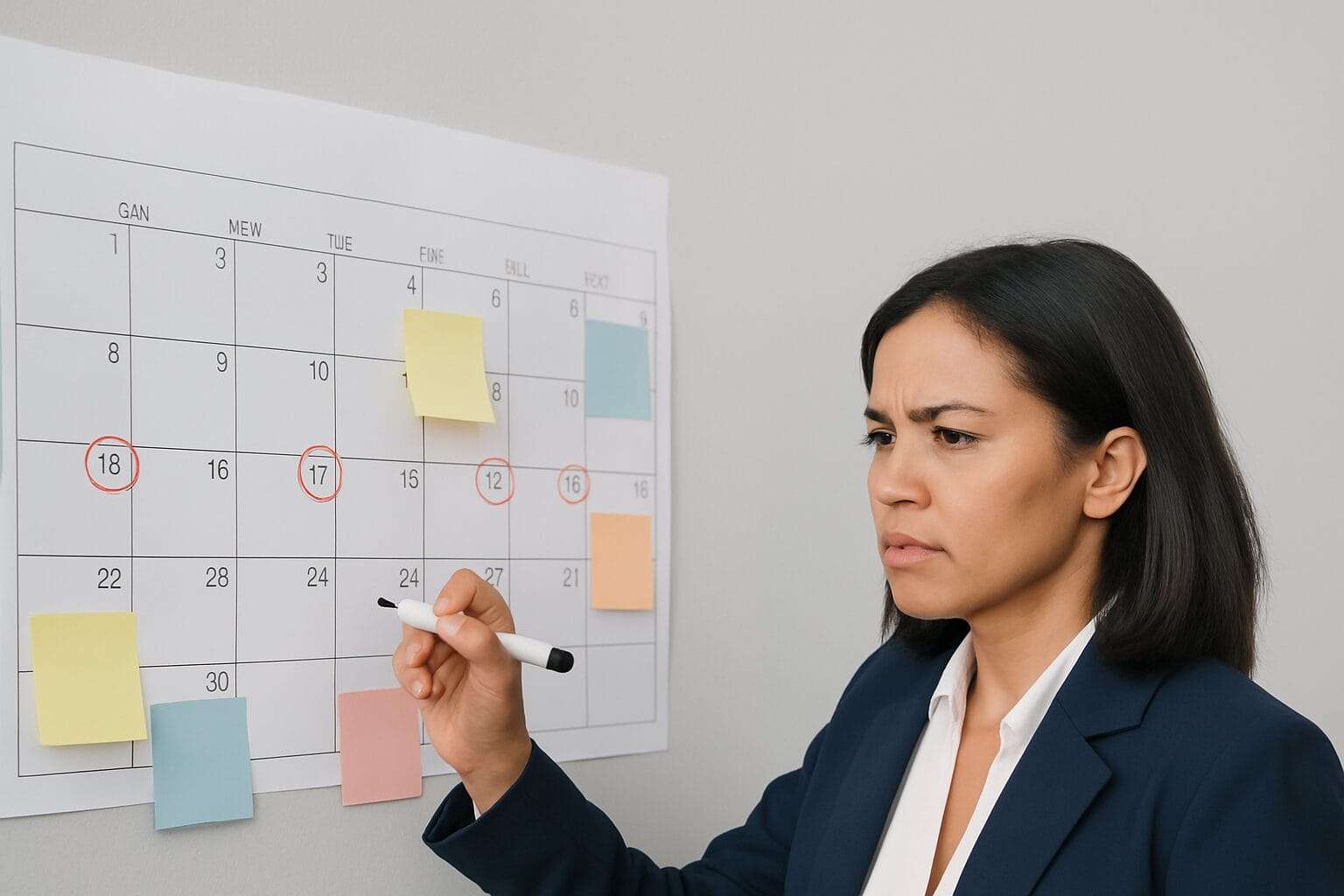 Focused woman in a blazer marking a wall calendar filled with sticky notes and circled dates, conveying repetitive behavior and compulsive planning