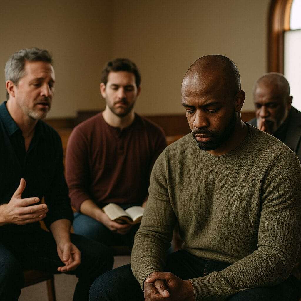 A men’s Bible study or prayer circle. One man has his head down—not in reverence, but fatigue. The others are “leading,” animated and confident.