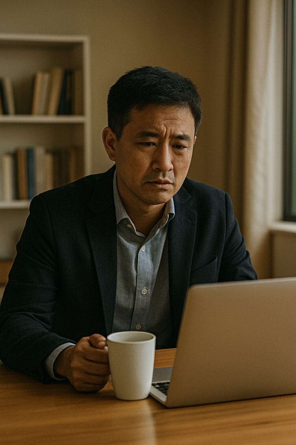 Asian man in his late 30s sitting in a clean, minimalist home office—well-dressed but emotionally disconnected. He’s staring at his screen with a coffee cup in hand. His body is there. His spirit? Checked out.