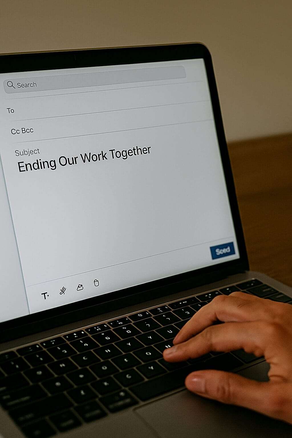 Close-up of a laptop screen with a professional email draft visible—subject line reads: “Ending Our Work Together”. Fingers hover over the trackpad, poised to hit send. The hand is feminine, ring visible, no shaking.