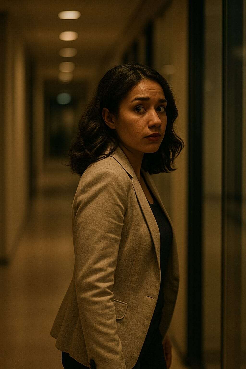 Latina woman walking down hallway, hesitating, looking over her shoulder