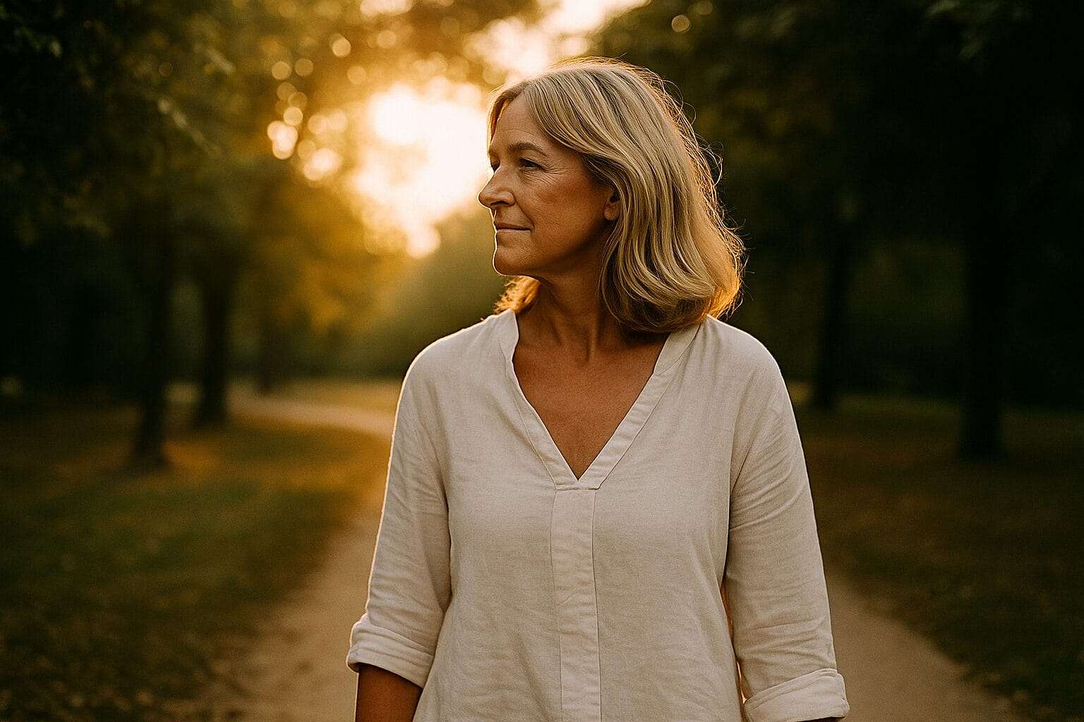 A mature white woman in her late 40s walking outdoors during golden hour—backlit, walking forward on a tree-lined path. She’s alone, no phone in sight, just present and grounded. This is the walk away moment. Not sad. Not smug. Free.