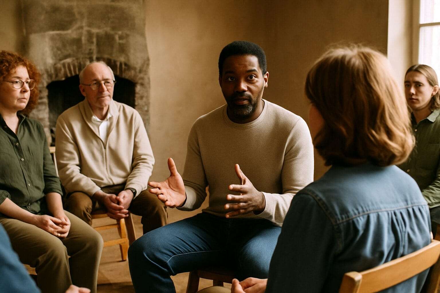A group of six people sit in a circle as a Black man in a beige sweater gestures while speaking, with others listening attentively in a warmly lit, rustic room.