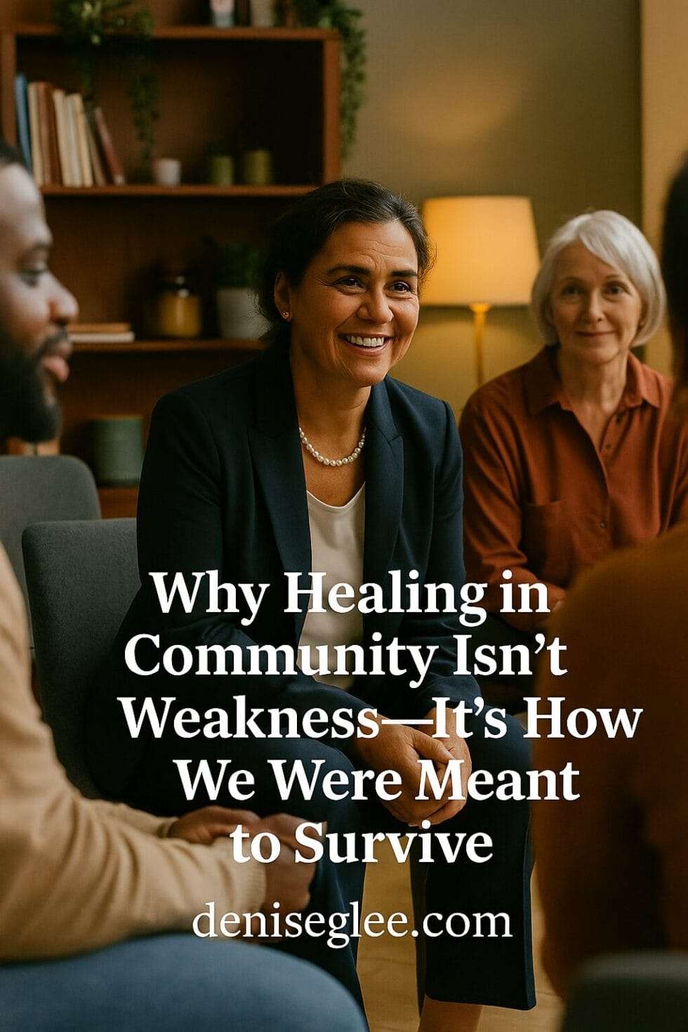 professional woman smiles warmly while sitting with a small group in a cozy, softly lit room, with the text “Why Healing in Community Isn’t Weakness—It’s How We Were Meant to Survive” and deniseglee.com overlayed.