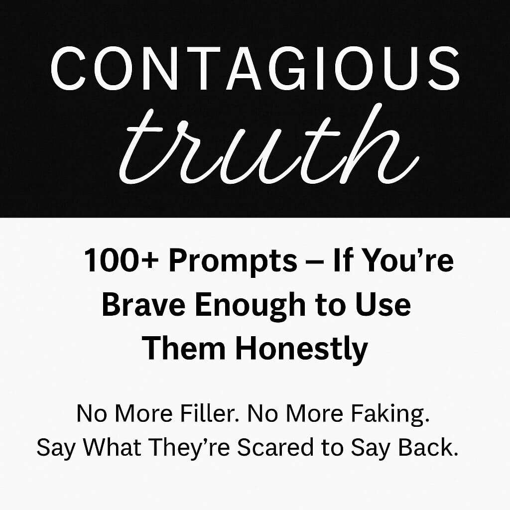 Contagious Truth course cover with bold text: 100+ Prompts — If You’re Brave Enough to Use Them Honestly. Tagline: No More Filler. No More Faking. Say What They’re Scared to Say Back.