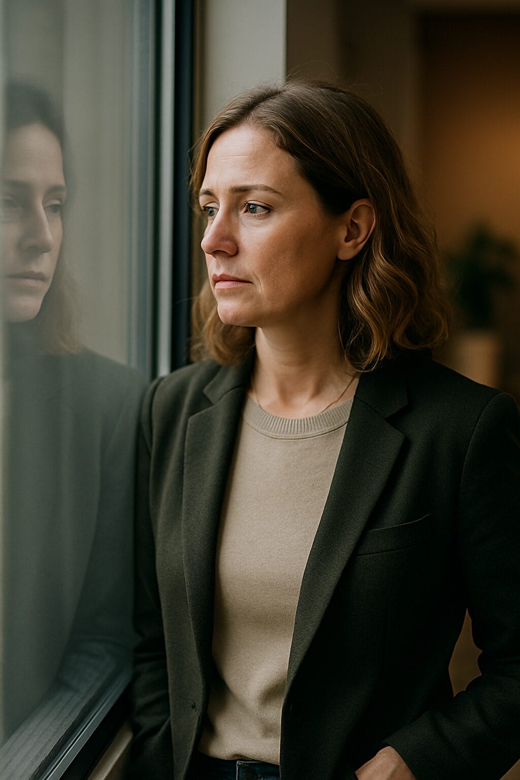 woman in her 40s stands near a window, looking out thoughtfully, her reflection visible in the glass