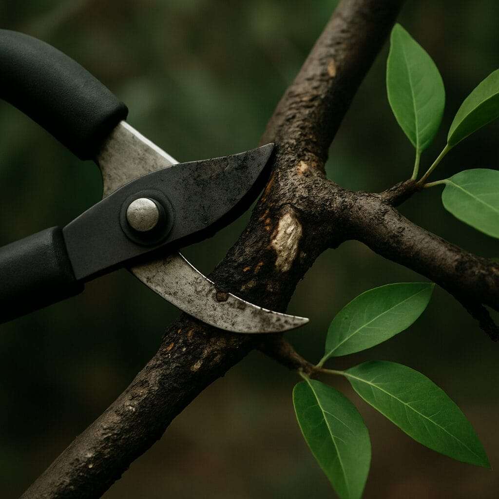 Sharp pruning shears cutting a moldy branch off a healthy tree with fresh green leaves, symbolizing removing rot to protect a brand.