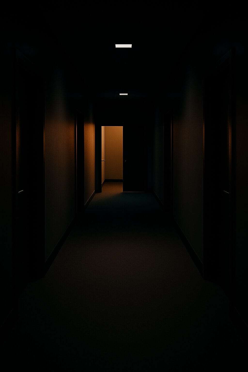 Dimly Lit Hallway with Lighted Exit